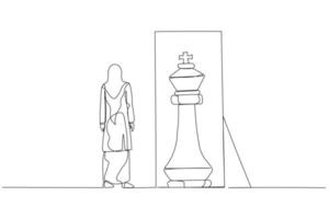 dessin animé d'une femme portant le hijab debout devant un miroir voyant le concept de pièce d'échecs du roi intérieur d'un état d'esprit positif. style d'art en ligne unique vecteur