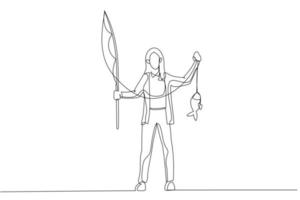 dessin de femme d'affaires montrant le concept de réussite du poisson. style d'art d'une ligne vecteur