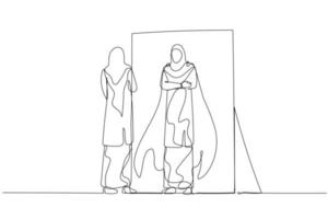le dessin d'une femme portant le hijab se reflète dans la force intérieure dans le miroir. style d'art d'une ligne vecteur