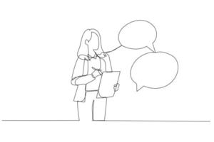 dessin animé d'une femme d'affaires prenant note de la réunion tout en écoutant le concept d'information des autres du procès-verbal de la réunion. style d'art en ligne unique vecteur