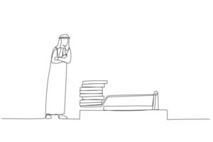 dessin animé d'un homme arabe regardant analyser le profit de la pièce d'un dollar sur la souricière. style d'art en ligne continue vecteur