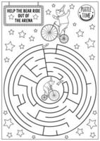 cirque labyrinthe noir et blanc pour les enfants avec ours à vélo. spectacle d'amusement activité imprimable en ligne préscolaire avec un artiste animal mignon à vélo. coloriage de labyrinthe de divertissement vecteur