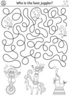 labyrinthe de cirque noir et blanc pour les enfants avec clown, gymnaste, lion de mer. spectacle d'amusement activité imprimable en ligne préscolaire avec des artistes. coloriage de labyrinthe de divertissement avec des jongleurs