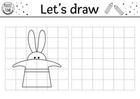 dessinez le lapin au chapeau. compléter le tableau. feuille de travail de pratique de dessin de cirque de vecteur. activité imprimable en noir et blanc pour les enfants d'âge préscolaire avec lièvre. copier le jeu sur le thème du festival d'images vecteur