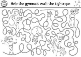 labyrinthe de cirque noir et blanc pour les enfants avec une gymnaste marchant sur la corde raide. activité de ligne imprimable préscolaire de spectacle d'amusement avec une jolie fille acrobate. coloriage de labyrinthe de divertissement