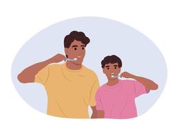 père et fils afro-américains se brosser les dents ensemble.mois national de la santé dentaire des enfants. vecteur