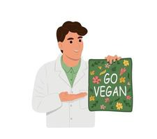 présentation du mois du régime végétalien en janvier appelé veganuary. un jeune médecin nutritionniste souriant appelle au véganisme en janvier vecteur