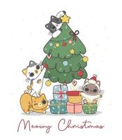 groupe d'une variété mignonne de races de chats chaton décorant un pin de noël, joyeux catmas, dessin à la main d'un personnage d'animal de dessin animé idée de vecteur de doodle pour carte de voeux