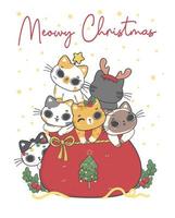 groupe de races variées de mignon chaton coquin chat noël dans un sac de sac de santa rouge, noël meowy, adorable dessin animé joyeux animal dessin à la main image vectorielle vecteur
