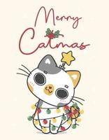 mignon heureux calicot chaton chat arbre de chat de noël, joyeux catmas, dessin à la main de personnage animal dessin doodle idée vectorielle pour carte de voeux vecteur