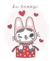 mignon sourire joyeux lapin oreilles chaton chat dans une boîte cadeau rouge, être heureux, dessin à la main doodle dessin animé animal vecteur
