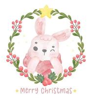 mignon lapin rose porter une écharpe en guirlande de noël gui cadre personnage de dessin animé aquarelle illustration vecteur