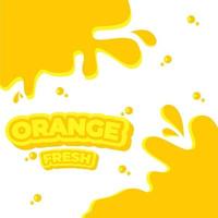 bannière orange fraîche avec citron, éclaboussures, gouttes sur fond jaune pour la marque, le logo, le modèle, l'étiquette, l'emblème et la boutique, l'emballage, l'emballage et la publicité. vecteur