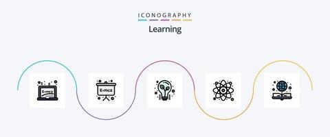 pack d'icônes plat rempli de 5 lignes d'apprentissage, y compris le globe. livre. lumière. science. atome vecteur