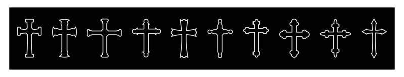 jeu d'icônes symbole vectoriel croix chrétienne style plat et contour. croix comme symbole de pâques, de foi, de mort et de forme de résurrection sur fond noir