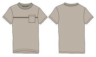 t-shirt technique à manches courtes de coupe régulière avec rayure sur la poitrine et modèle de croquis plat de mode de poche vue avant et arrière. vecteur