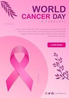 modèle d'affiche verticale de la journée mondiale du cancer dégradé avec ruban et feuille de la journée du cancer vecteur