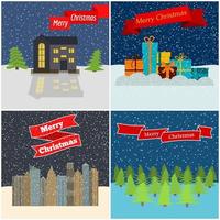 ensemble de quatre illustrations vectorielles avec forêt de nuit, maisons solitaires, coffrets cadeaux, ville de nuit et rubans rouges avec l'inscription joyeux noël. vecteur