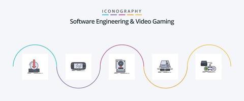 ligne de génie logiciel et de jeu vidéo remplie de 5 icônes plates, y compris les jeux. console. jeu. télécharger. disque dur vecteur