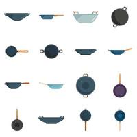 les icônes de la poêle à frire wok définissent un vecteur plat. outils à viande