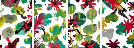 ensemble de fond de nature abstraite dessinés à la main. doodle d'encre aquarelle colorée de vecteur feuilles tropicales fleurs, éclaboussures et formes, arrière-plan pour papier, couverture, tissu, décoration intérieure.