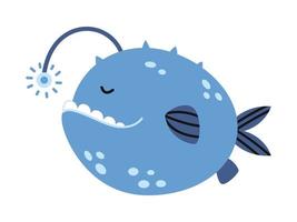 vecteur bleu baudroie. poisson de mer mignon au design plat. lophius avec lampe de poche.