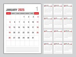 modèle de calendrier mensuel pour l'année 2025, la semaine commence le dimanche, planificateur de l'année 2025, calendrier mural dans un style minimaliste, mise en page verticale du modèle de calendrier de bureau 2025, vecteur de modèle d'entreprise