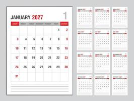 modèle de calendrier mensuel pour l'année 2027, la semaine commence le dimanche, planificateur de l'année 2027, calendrier mural dans un style minimaliste, calendrier de bureau 2027 modèle disposition verticale, vecteur de modèle d'entreprise