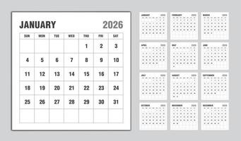 calendrier 2026 année design noir, modèle de calendrier mensuel pour l'année 2026, la semaine commence le dimanche, modèle de calendrier mural minimaliste 2026, planificateur, vecteur de modèle d'entreprise