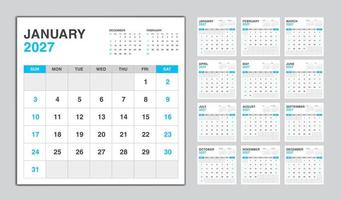 calendrier 2026 année design bleu, modèle de calendrier mensuel pour l'année 2026, la semaine commence le dimanche, modèle de calendrier mural minimaliste 2026, planificateur, vecteur de modèle d'entreprise
