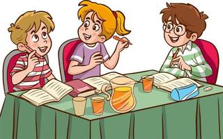 mignons petits enfants qui étudient ensemble à la table. étudiants faisant du travail de groupe ensemble vecteur de dessin animé