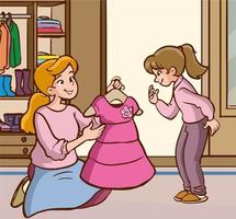 mère et jolie petite fille choisissent le vecteur de dessin animé de robe