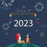 bonne année 2023 fête des enfants. carte de voeux de fond de fête du nouvel an - feux d'artifice dans la nuit bleu foncé. vecteur