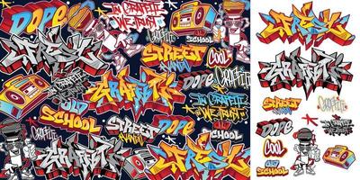 un ensemble d'autocollants d'art graffiti colorés ou vibrants. thème de l'art de la rue, style urbain pour la conception de t-shirts, conception de graffitis pour le papier peint, l'art mural ou les dessins d'art imprimé. vecteur