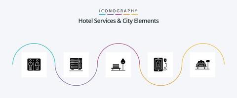 services hôteliers et pack d'icônes glyphe 5 des éléments de la ville, y compris le parking. prise. banc . complet. portable vecteur