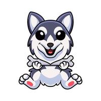 dessin animé mignon chien husky sibérien tenant un os vecteur
