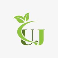logo de lettre uj avec vecteur d'icône de feuilles swoosh. vecteur professionnel.
