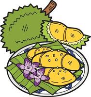 riz gluant durian dessiné à la main ou illustration de la cuisine thaïlandaise vecteur
