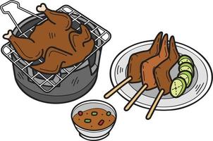 poulet grillé dessiné à la main et illustration de brasier thaïlandais vecteur