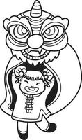 danse du lion chinois dessiné à la main avec illustration de fille chinoise vecteur