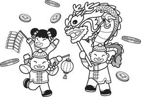 des enfants chinois dessinés à la main dansent des dragons et s'amus vecteur