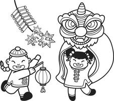 lion chinois dessiné à la main dansant avec illustration de pétards vecteur