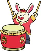 lapin chinois dessiné à la main avec illustration de tambour vecteur