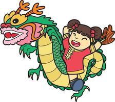 dragon chinois dessiné à la main et illustration de fille chinoise vecteur