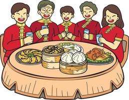 famille chinoise dessinée à la main avec illustration de table de nourriture chinoise vecteur