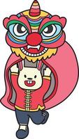 lion chinois dessiné à la main dansant avec une illustration de lapin vecteur