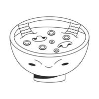 bol mignon avec illustration de nourriture de soupe miso végétalienne traditionnelle coréenne avec oignon vert aux champignons d'algues. illustration de stock de vecteur isolé sur fond blanc. style de contour