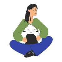 heureuse jeune femme assise en tailleur et tenant un gros onigiri avec le visage dans sa main. notion de nourriture. illustration vectorielle stock isolée sur fond blanc dans un style plat vecteur