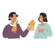 deux personnes amis mangent un dessert taiyaki japonais. un garçon partage de la nourriture avec une fille. notion de nourriture. illustration vectorielle stock isolée sur fond blanc dans un style plat vecteur