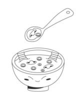 soupe miso végétalienne illustration de la cuisine coréenne dans un joli bol avec oignon vert aux champignons d'algues avec cuillère. illustration de stock de vecteur isolé sur fond blanc. style de contour